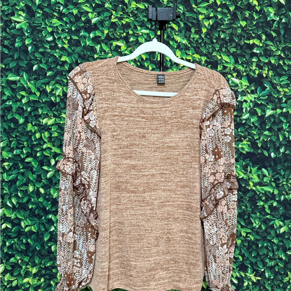 SHEIN Tan Lace Sleeve Blouse